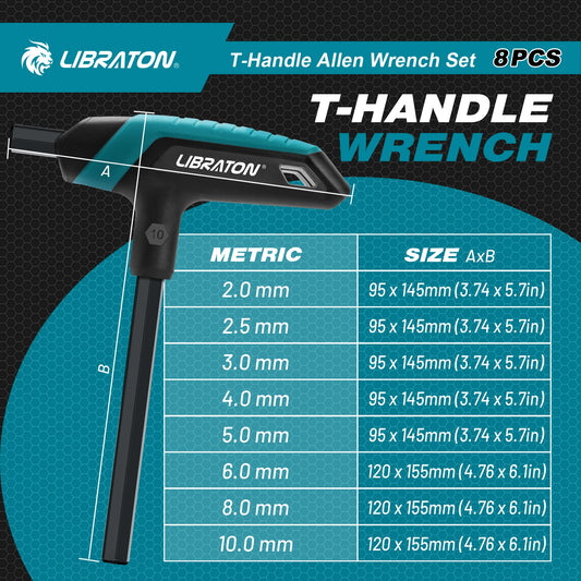 LIBRATON Metric Hex Key T-Handle Set, 2.0mm-10mm T-Handle Allen Wrench Set with Storage Rack, Long shank, for Automotive Repair