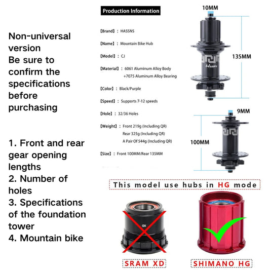 HASSNS Hub 6-Pawl 72T QR 32H/36H 4-Sealed Bearings Disc Brake Freehub for 7-12 Speed Dirt Jump