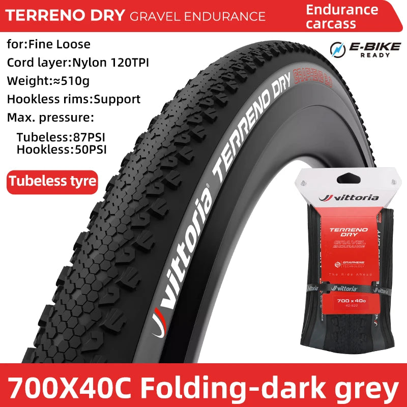 Vittoria Bicycle Road Tubeless Tire 700x33C/37C/40C TERRENO DRY Gravel Endurance 120TPI for Long Distance Cycling