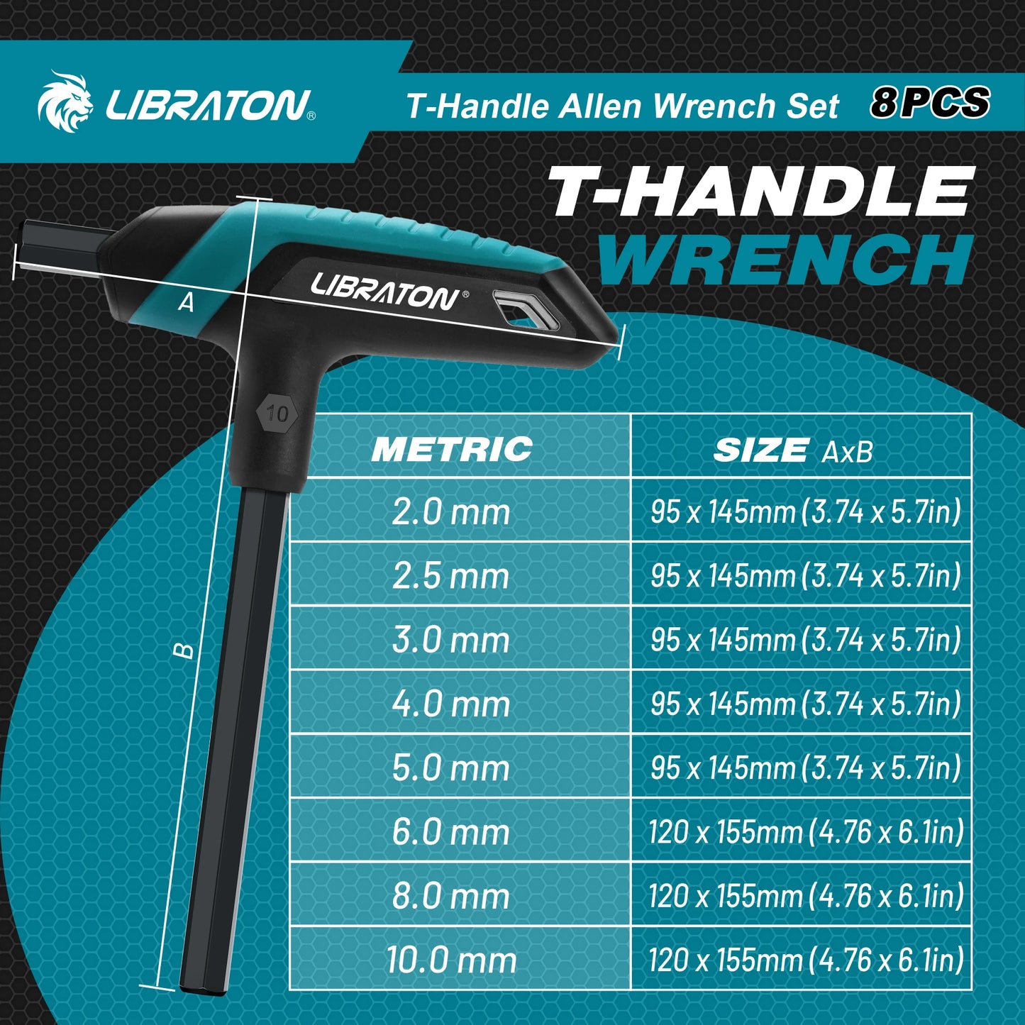 LIBRATON Metric Hex Key T-Handle Set, 2.0mm-10mm T-Handle Allen Wrench Set with Storage Rack, Long shank, for Automotive Repair