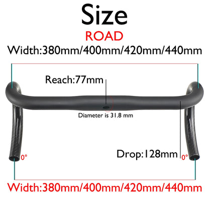 Carbon Fiber Road/Gravel Bike Handlebar, T800 Drop Bar, 380-440mm, 3K, UD