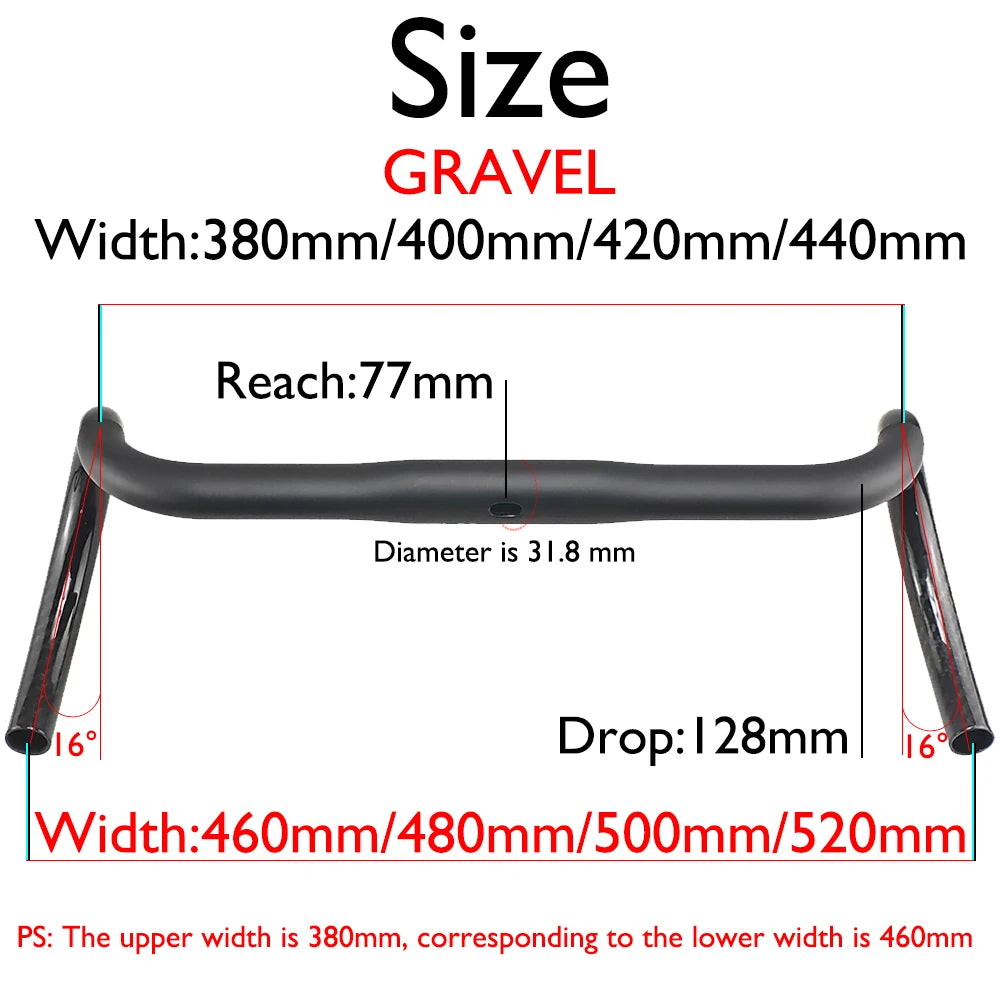 Carbon Fiber Road/Gravel Bike Handlebar, T800 Drop Bar, 380-440mm, 3K, UD