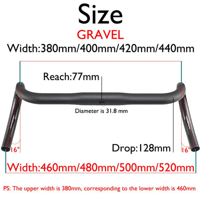 Carbon Fiber Road/Gravel Bike Handlebar, T800 Drop Bar, 380-440mm, 3K, UD
