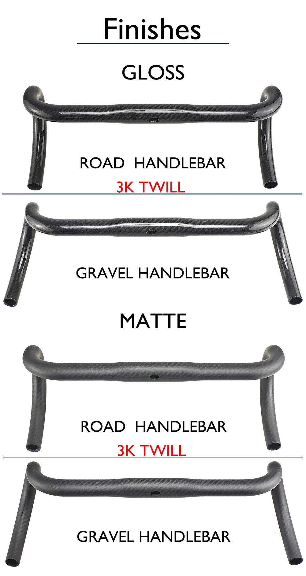 Carbon Fiber Road/Gravel Bike Handlebar, T800 Drop Bar, 380-440mm, 3K, UD