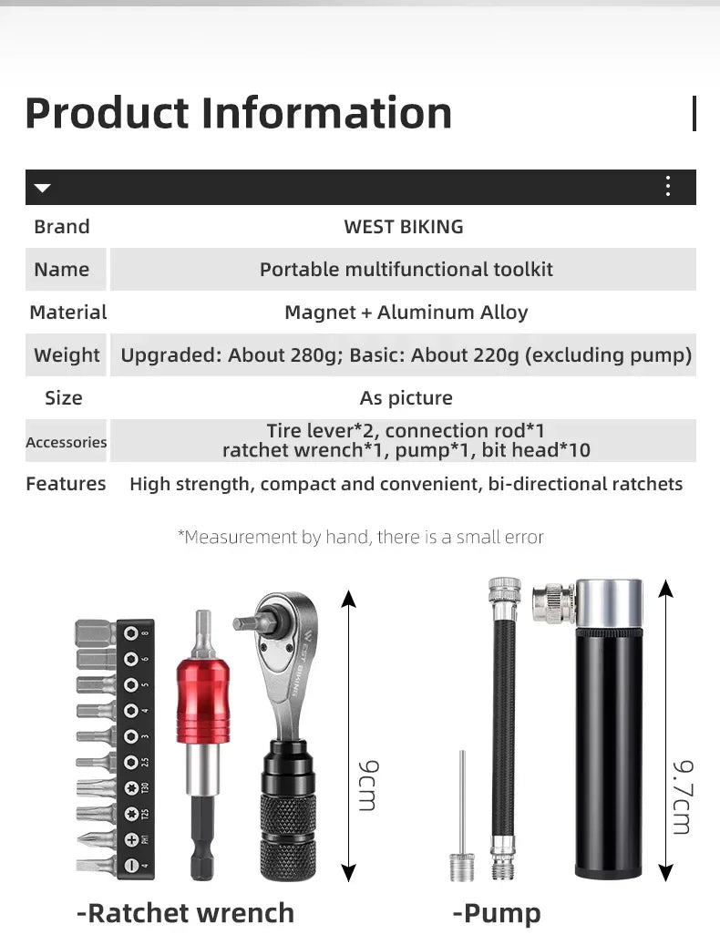 Portable Tool Bag Ratchet Wrench Kit Tire Lever Mini Pump
