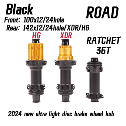 Black Grey ROAD 2024 Latest Ultra Light Road HUB, Star Ratchet 36T Bicycle Lock Brake Direct Pull HUB 24 Holes, 100-142XDR/HG
