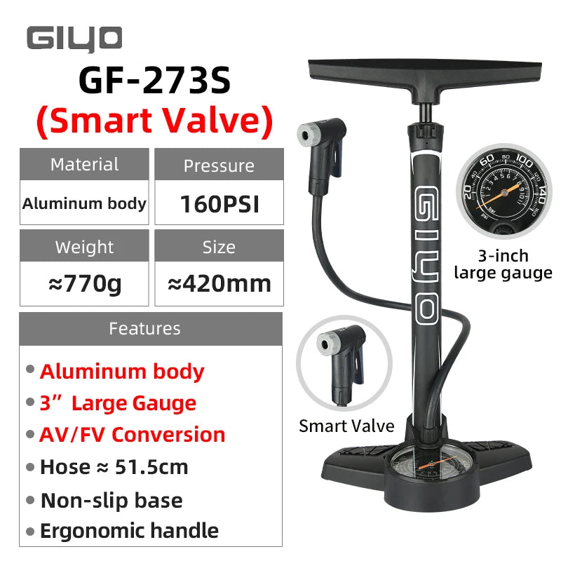 GIYO 160PSI Bicycle Floor Pump MTB Road Bike Manual Air Pump Balloon Presta Schrader Valve Tire Inflator With 3 Inch Guage