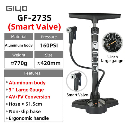 GIYO 160PSI Bicycle Floor Pump MTB Road Bike Manual Air Pump Balloon Presta Schrader Valve Tire Inflator With 3 Inch Guage