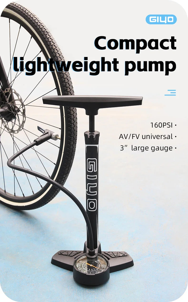 GIYO 160PSI Bicycle Floor Pump MTB Road Bike Manual Air Pump Balloon Presta Schrader Valve Tire Inflator With 3 Inch Guage
