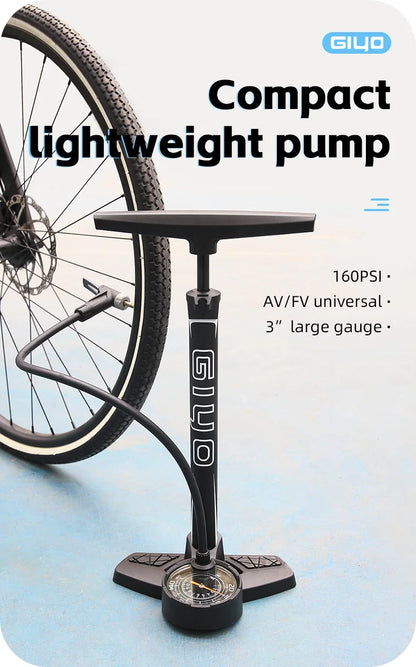 GIYO 160PSI Bicycle Floor Pump MTB Road Bike Manual Air Pump Balloon Presta Schrader Valve Tire Inflator With 3 Inch Guage