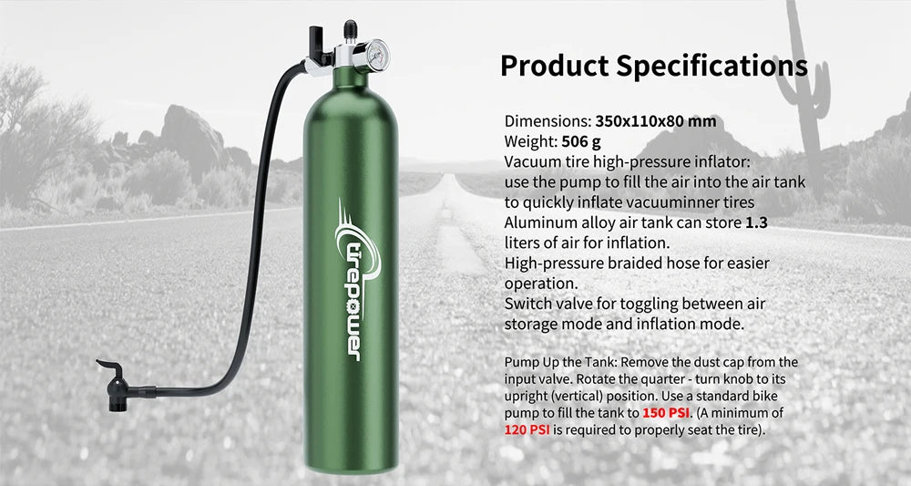Tubeless Tire Inflator 1.2L Tubeless Bike Pump Max 200 PSI Tubeless Booster Compatible with Presta & Schrade Valves for Road MTB
