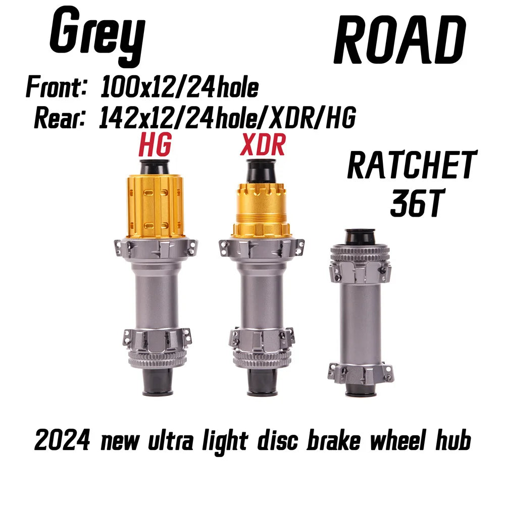 Black Grey ROAD 2024 Latest Ultra Light Road HUB, Star Ratchet 36T Bicycle Lock Brake Direct Pull HUB 24 Holes, 100-142XDR/HG