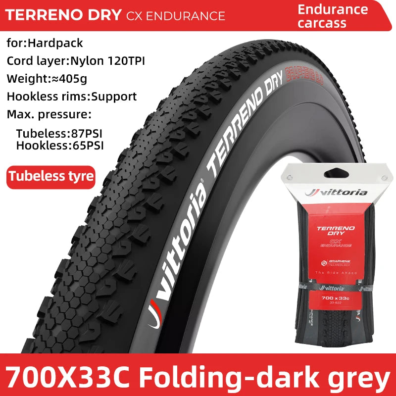 Vittoria Bicycle Road Tubeless Tire 700x33C/37C/40C TERRENO DRY Gravel Endurance 120TPI for Long Distance Cycling