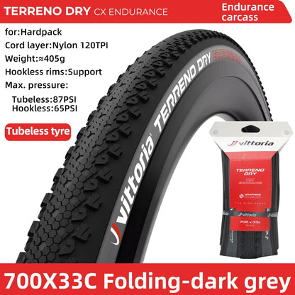 Vittoria Bicycle Road Tubeless Tire 700x33C/37C/40C TERRENO DRY Gravel Endurance 120TPI for Long Distance Cycling