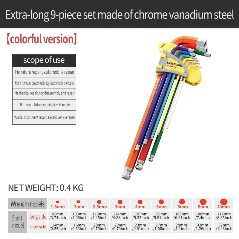 Internal Hex Wrench Set L Wrench Set Suitable for Home and Workplace Hex Wrench Set 1.5mm to 10mm Hex Wrench Manual Repair Tool