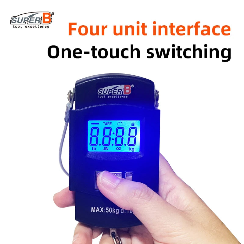Super B 50Kg 10g Hanging LED Digital Scale Measure Max 50KG Electronic Scale Double Hook Design Easy to Operate for Bike Repair