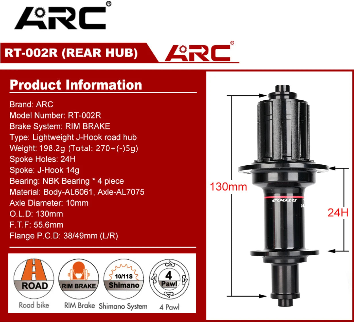 ARC Road Bike Hubs Rim Brake 4 Pawls 48 Clicks Front 100 Rear 130MM  20 24 Holes Ultralight 280g 8-11S