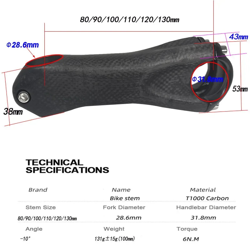Ultra Light Carbon Stem ±10 Degrees  80-130mm Bicycle bar 31.8mm fork  28.6mm