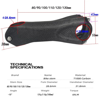 Ultra Light Carbon Stem ±10 Degrees  80-130mm Bicycle bar 31.8mm fork  28.6mm