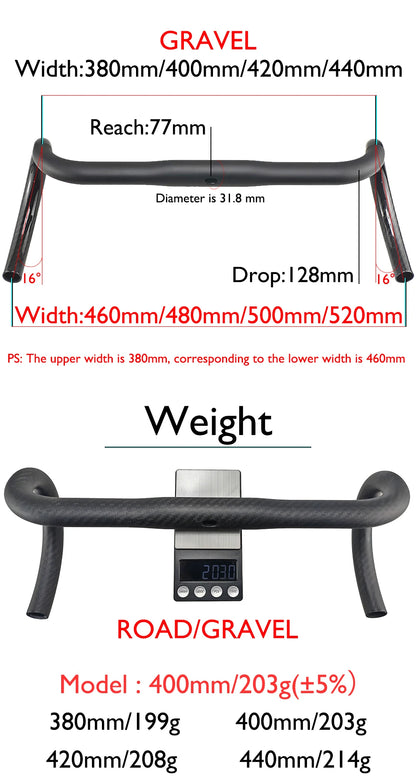 Carbon Fiber Road/Gravel Bike Handlebar, T800 Drop Bar, 380-440mm, 3K, UD