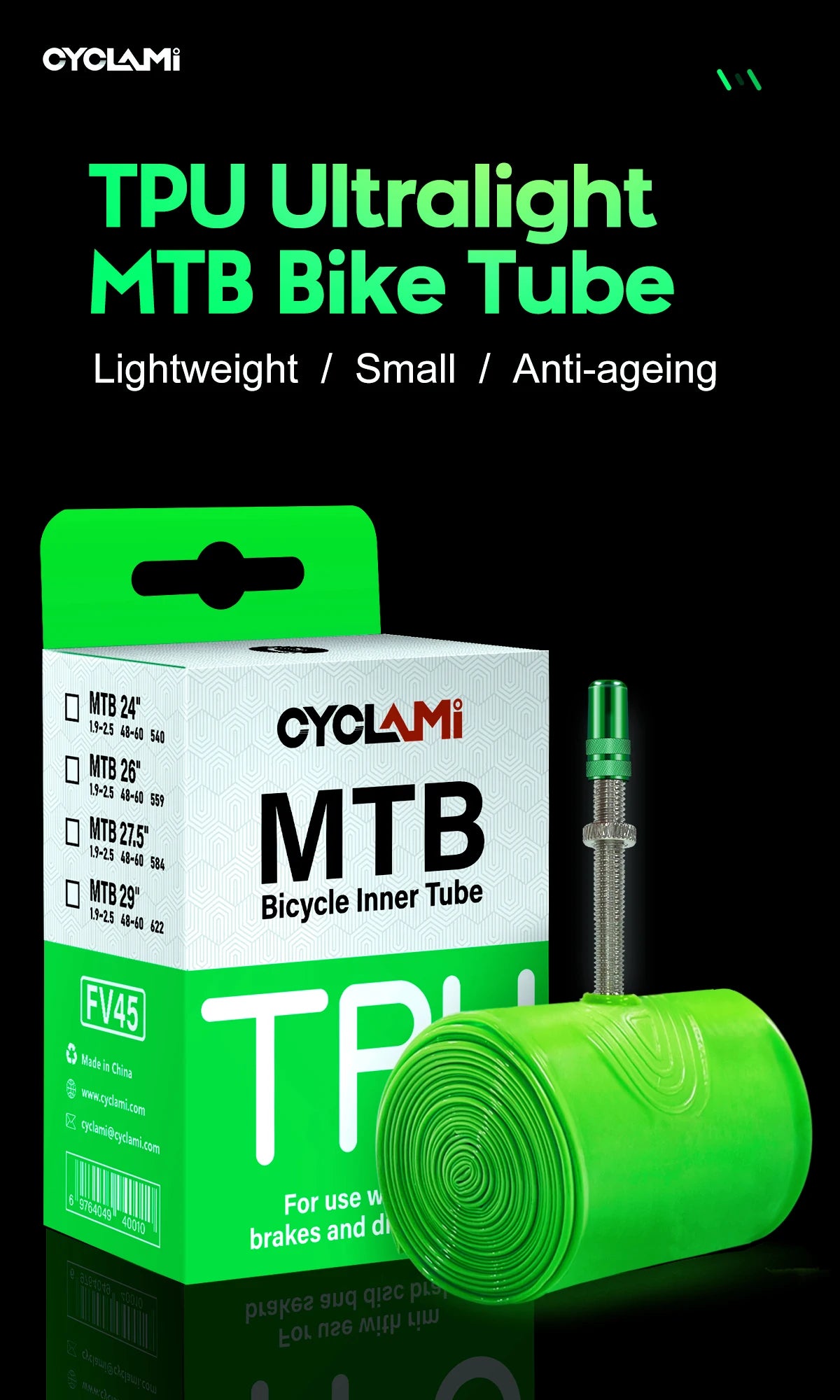 Ultralight Mountain Bike Inner Tube MTB 26 27.5 29 Inches Bicycle TPU Tire 45mm Metal French Presta Valve Anti-Oxidation CYCLAMI