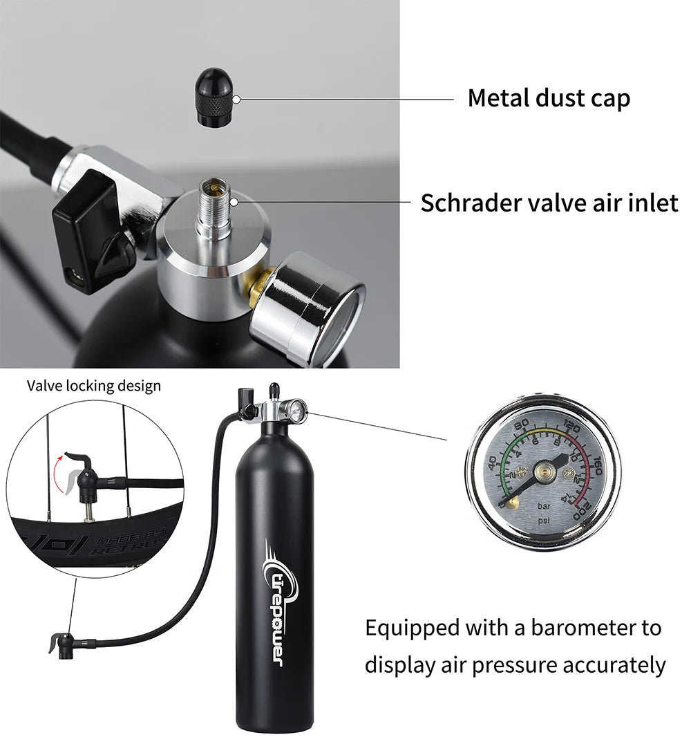 Tubeless Tire Inflator 1.2L Tubeless Bike Pump Max 200 PSI Tubeless Booster Compatible with Presta & Schrade Valves for Road MTB