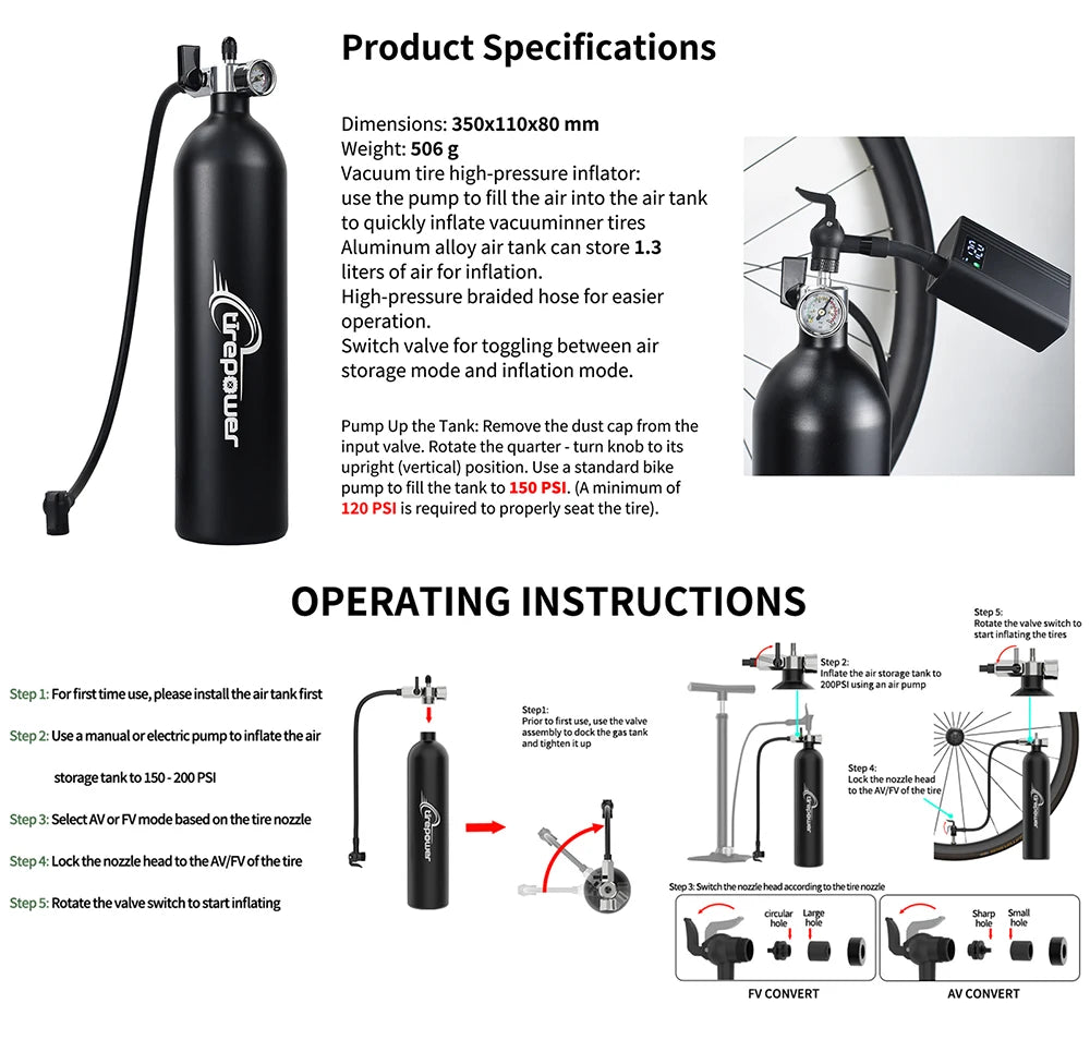 Tubeless Tire Inflator 1.2L Tubeless Bike Pump Max 200 PSI Tubeless Booster Compatible with Presta & Schrade Valves for Road MTB