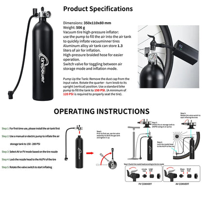 Tubeless Tire Inflator 1.2L Tubeless Bike Pump Max 200 PSI Tubeless Booster Compatible with Presta & Schrade Valves for Road MTB