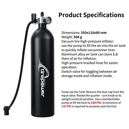 Tubeless Tire Inflator 1.2L Tubeless Bike Pump Max 200 PSI Tubeless Booster Compatible with Presta & Schrade Valves for Road MTB
