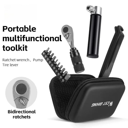 Portable Tool Bag Ratchet Wrench Kit Tire Lever Mini Pump