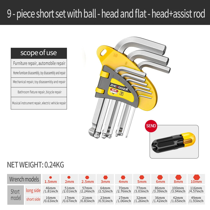 Internal Hex Wrench Set L Wrench Set Suitable for Home and Workplace Hex Wrench Set 1.5mm to 10mm Hex Wrench Manual Repair Tool