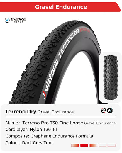 Vittoria Bicycle Road Tubeless Tire 700x33C/37C/40C TERRENO DRY Gravel Endurance 120TPI for Long Distance Cycling