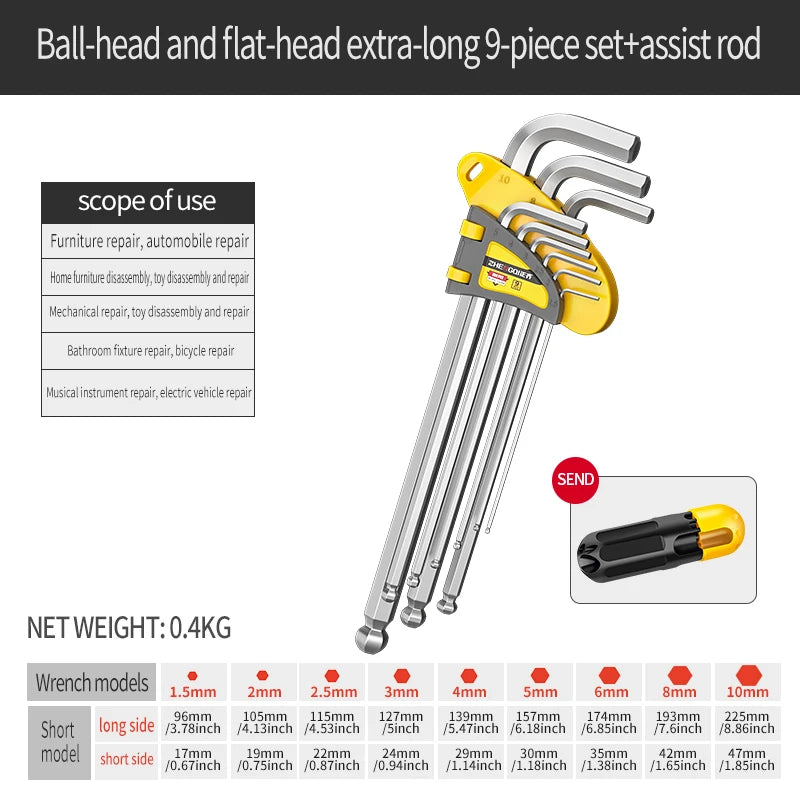 Internal Hex Wrench Set L Wrench Set Suitable for Home and Workplace Hex Wrench Set 1.5mm to 10mm Hex Wrench Manual Repair Tool