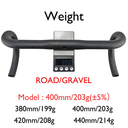 Carbon Fiber Road/Gravel Bike Handlebar, T800 Drop Bar, 380-440mm, 3K, UD