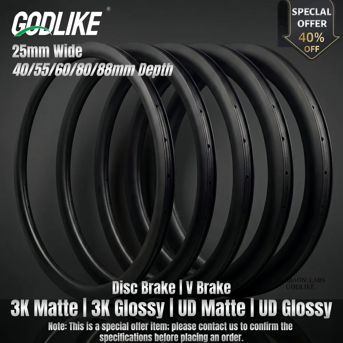 Carbon Wheel Rims 700c 25mm Wide Clincher Tubeless 40mm 55mm 60mm 80mm 88mm
