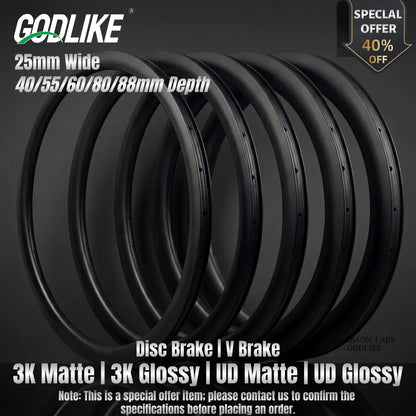Carbon Wheel Rims 700c 25mm Wide Clincher Tubeless 40mm 55mm 60mm 80mm 88mm
