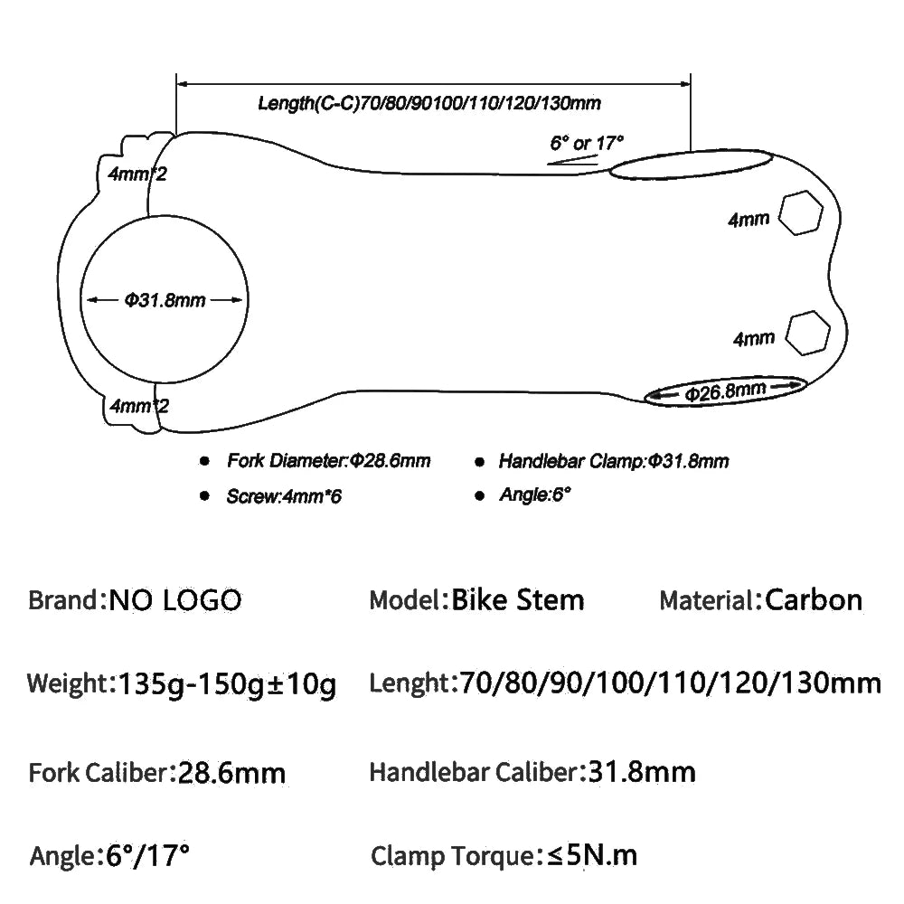 Carbon Stem 31.8mm Bicycle Stem 60/70/80/90/100/110/120/130mm Black Glossy