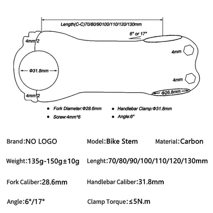Carbon Stem 31.8mm Bicycle Stem 60/70/80/90/100/110/120/130mm Black Glossy