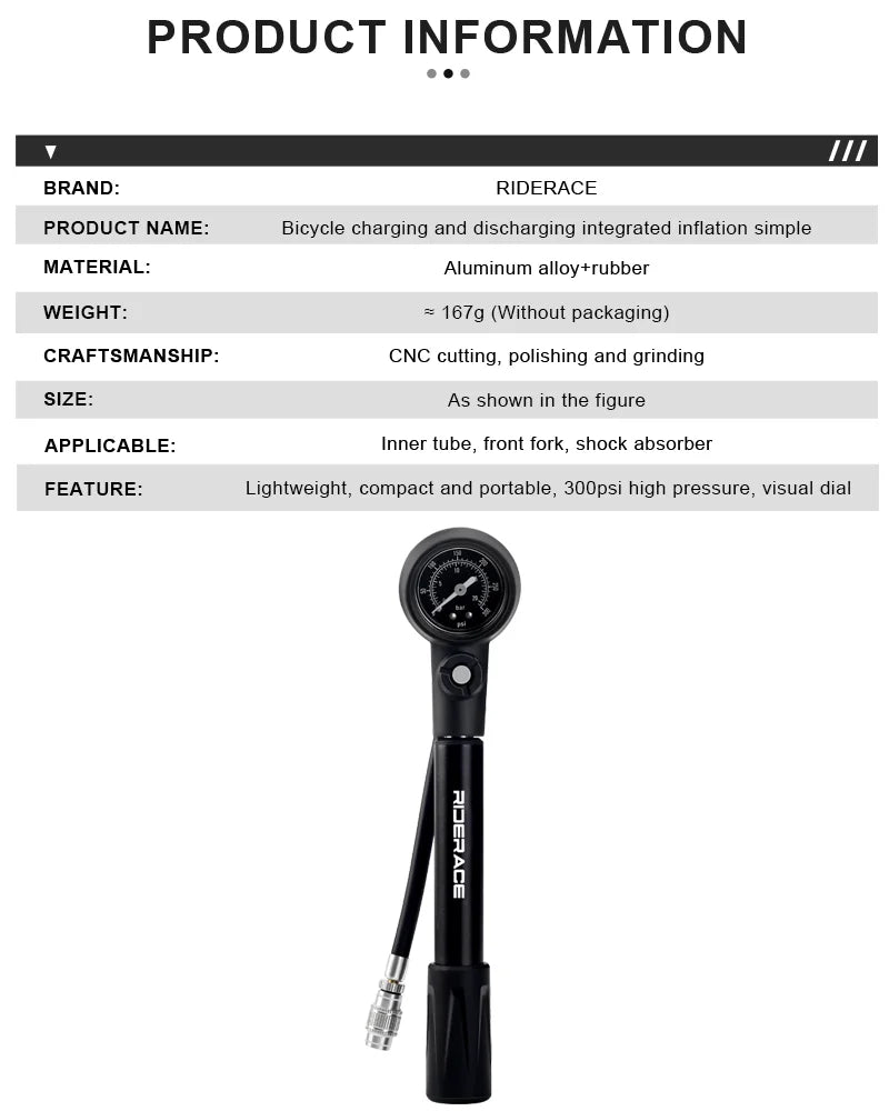 Shock Pump 300PSI Pressure With Gauge Bicycle
