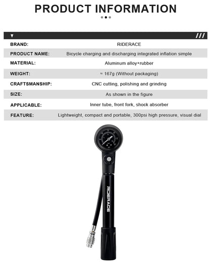 Shock Pump 300PSI Pressure With Gauge Bicycle