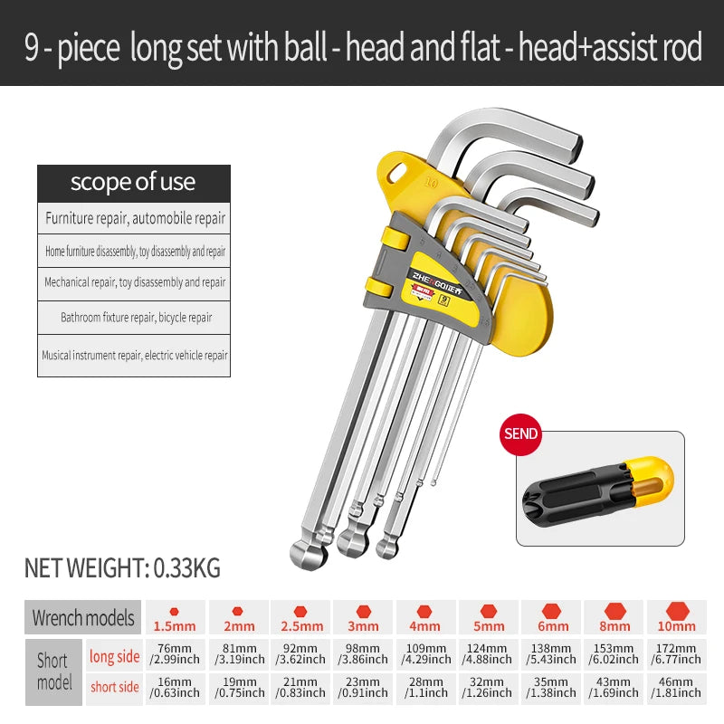 Internal Hex Wrench Set L Wrench Set Suitable for Home and Workplace Hex Wrench Set 1.5mm to 10mm Hex Wrench Manual Repair Tool
