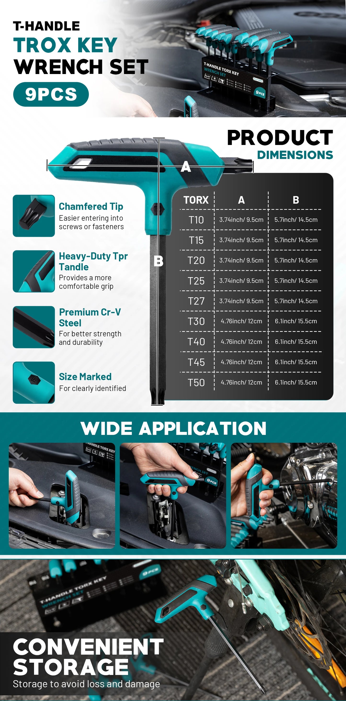 9PCS T-Handle Torx Wrench Set T10-T50 Two-Tip Design Torx Star Wrench DIY & Auto Bike Repair Tool with Storage Rack