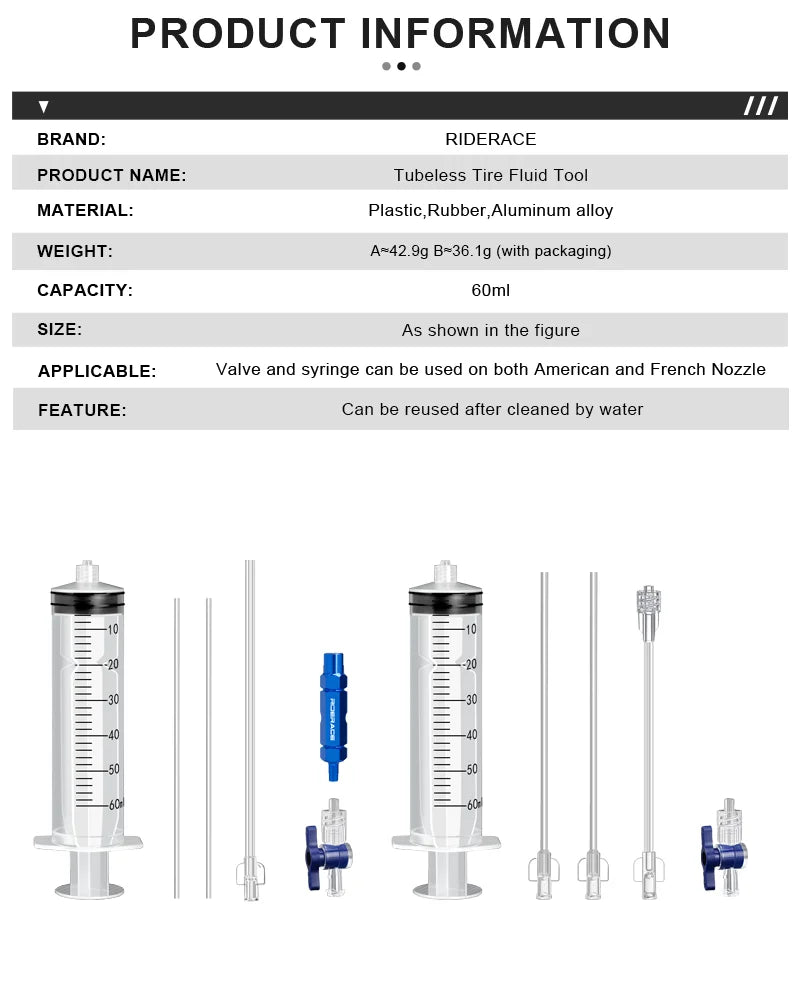 RIDERACE Bicycle Tubeless Tire Liquid Injection Tool 60ml Bike Tire Tubeless Sealant Injector Oil Mineral Change Repair Tools