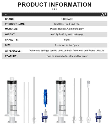 RIDERACE Bicycle Tubeless Tire Liquid Injection Tool 60ml Bike Tire Tubeless Sealant Injector Oil Mineral Change Repair Tools
