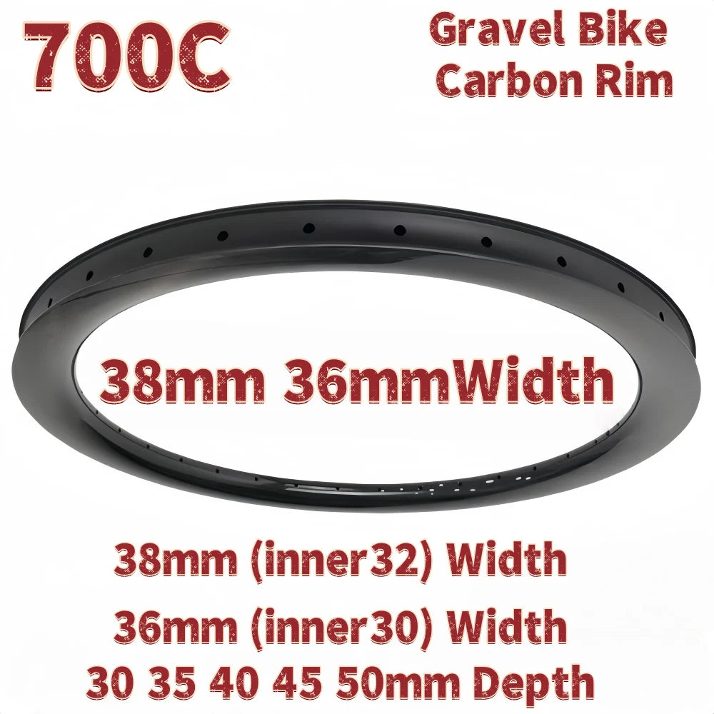 700C Carbon Rim 38mm 36mm Width Tubeless Disc Brake 30 35 40 45 50mm Depth Gravel Bicycle Carbon Rim
