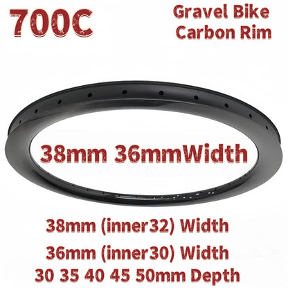 700C Carbon Rim 38mm 36mm Width Tubeless Disc Brake 30 35 40 45 50mm Depth Gravel Bicycle Carbon Rim
