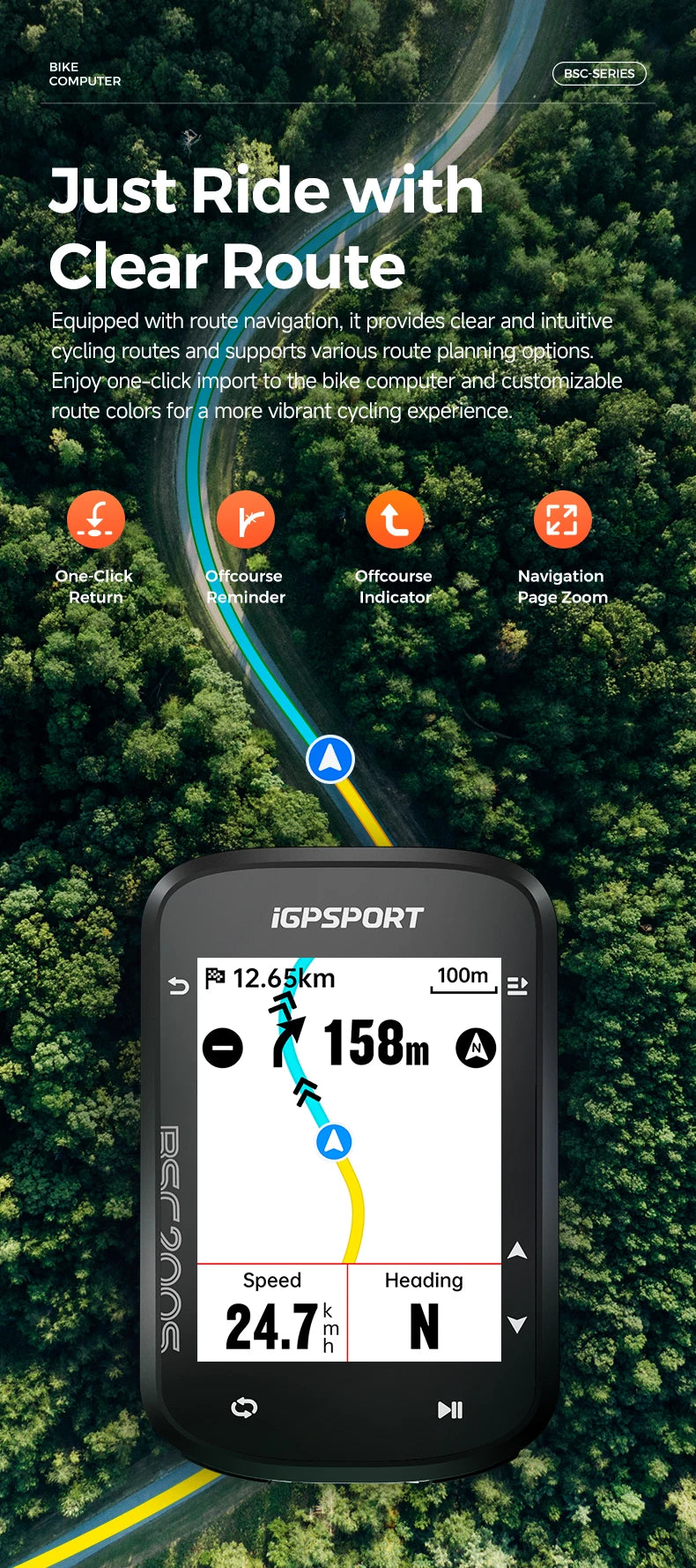 iGPSPORT BSC200S GPS Route Navigation Bike Computer Colorful Screen Wireless Speedometer Odometer Bluetooth Ant+