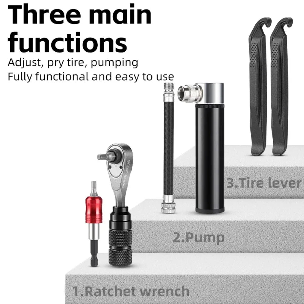 Portable Tool Bag Ratchet Wrench Kit Tire Lever Mini Pump