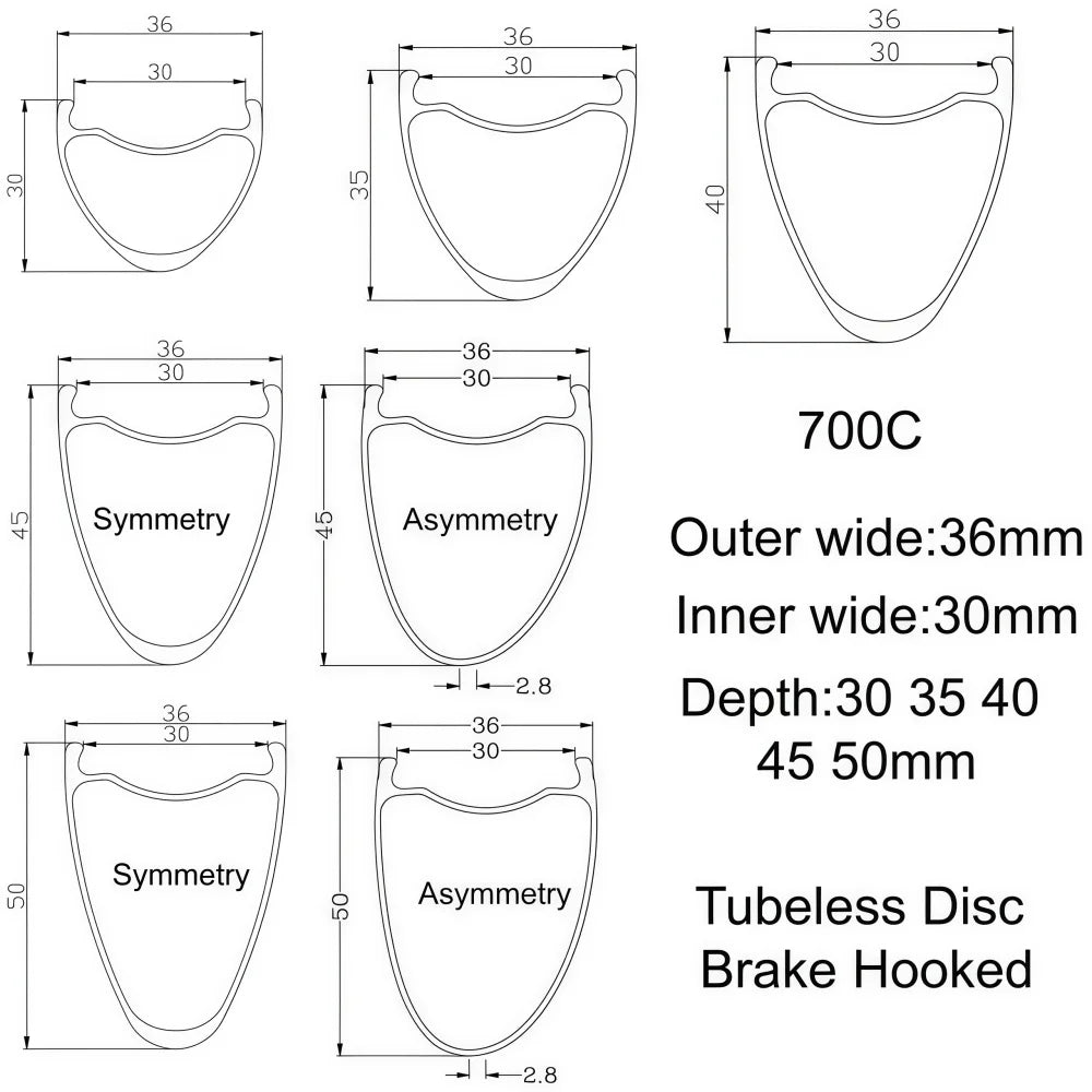 700C Carbon Rim 38mm 36mm Width Tubeless Disc Brake 30 35 40 45 50mm Depth Gravel Bicycle Carbon Rim