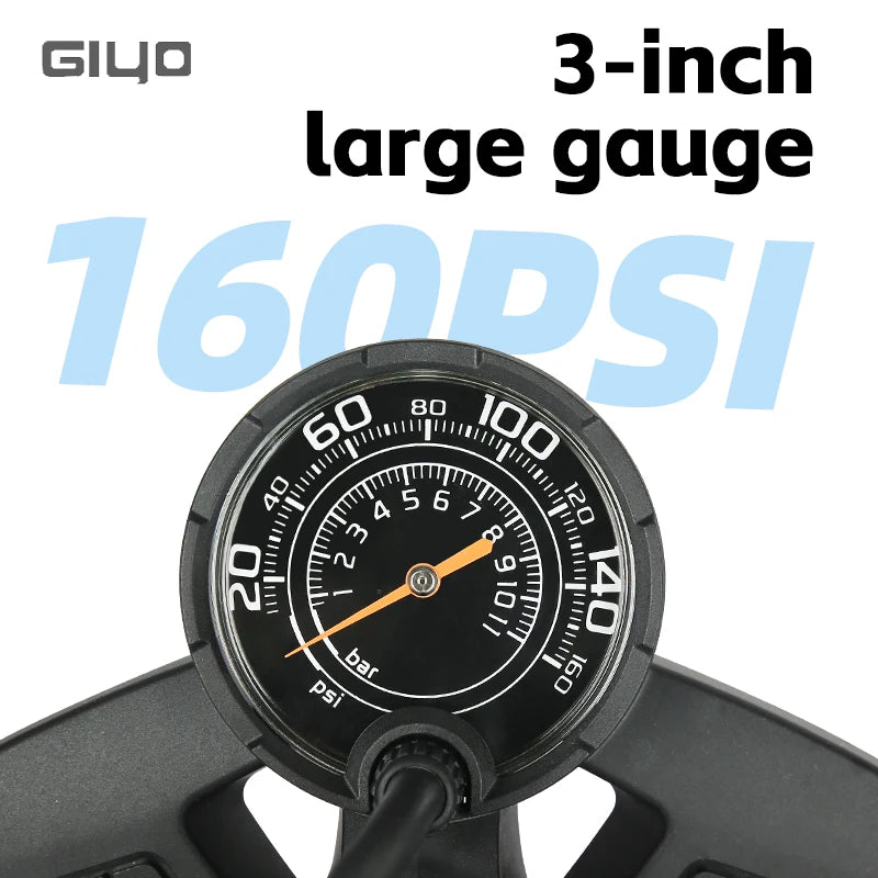 GIYO 160PSI Bicycle Floor Pump MTB Road Bike Manual Air Pump Balloon Presta Schrader Valve Tire Inflator With 3 Inch Guage
